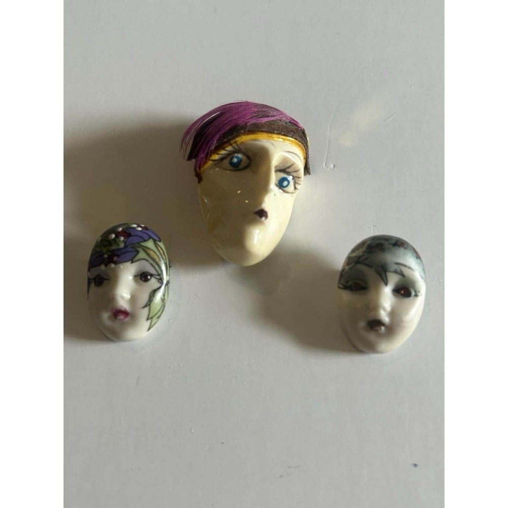 Vintage 2 1980s Adagio Hand-Painted Porcelain Face Pins Lot of 3 Lg Unmarked